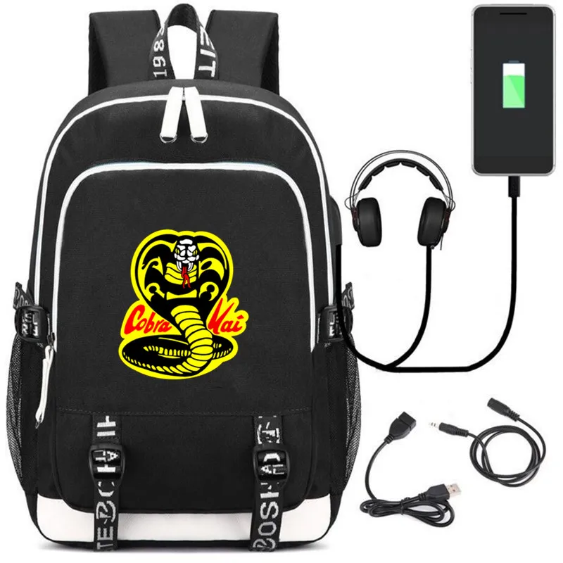 Кобра Кай Карате, Продължението на сагата за бебета, раница за тийнейджъри, училищни чанти, мултифункционален USB зареждане, слушалки, Унисекс, Раница за пътуване
