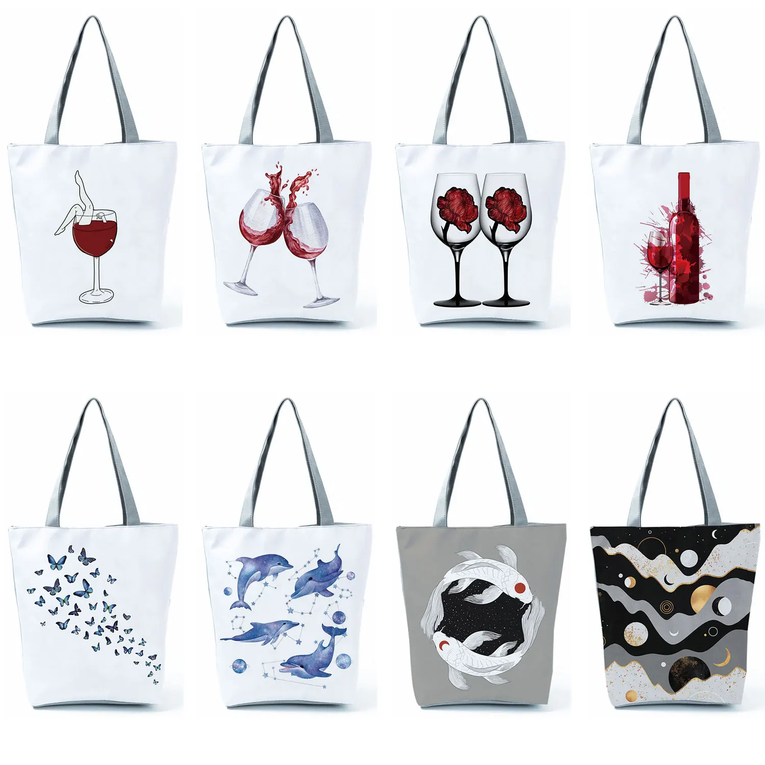 Дамски чанти с принтом под формата на чаши за вино, жените мультяшные чанти-тоут, Кит-пеперуда, преносима чанта през рамо, женствена чанта за пазаруване за поръчка