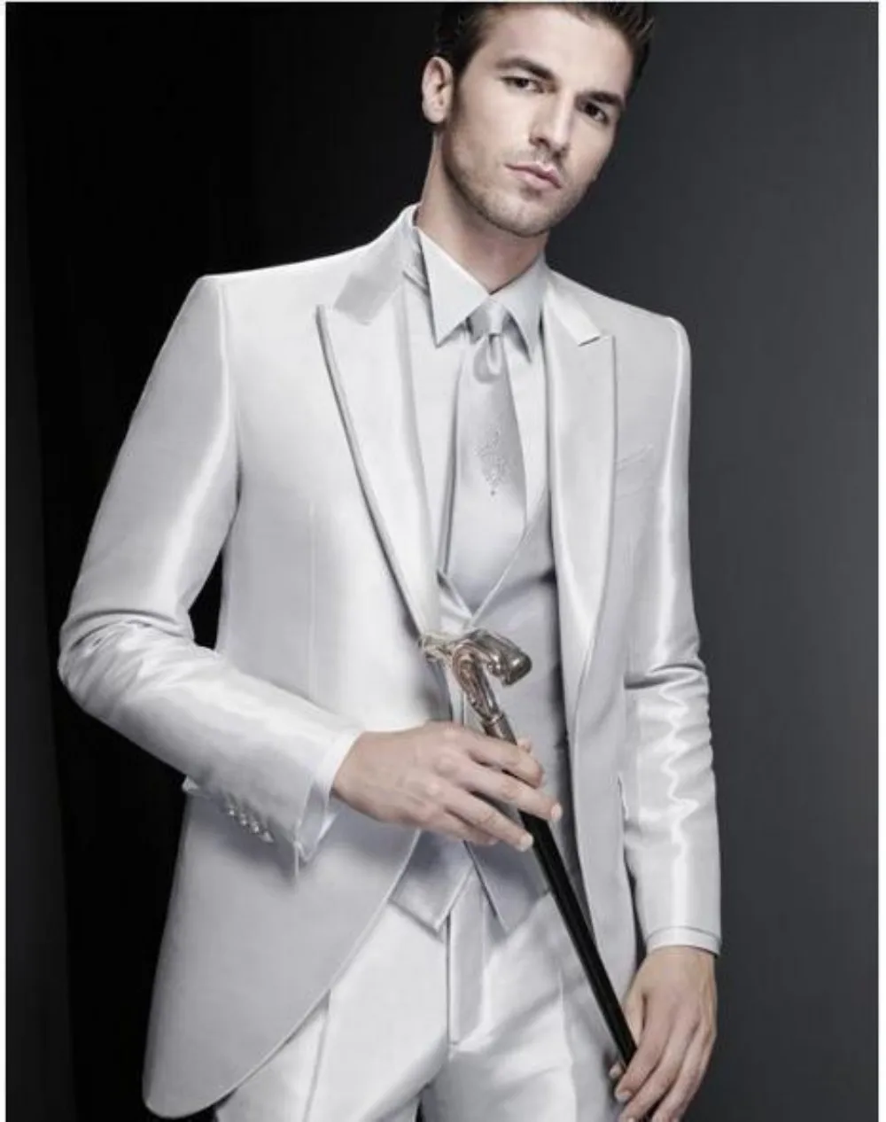 Сребристи Благородни мъжки костюми с ревера на една пуговице, Модерен, Нов Стил, Изработена по поръчка фрак Terno Masculino, комплект от 3 теми (Яке + Панталон + Вратовръзка + Жилетка)